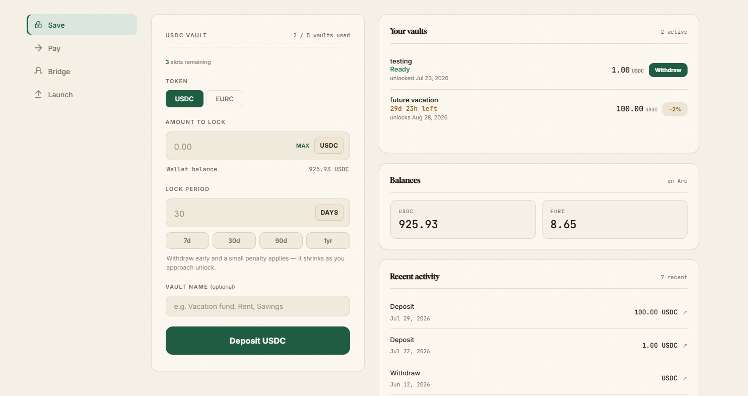 The Alkoraa app: sidebar navigation, the vault deposit form, and a panel showing your vaults, balances and recent activity.